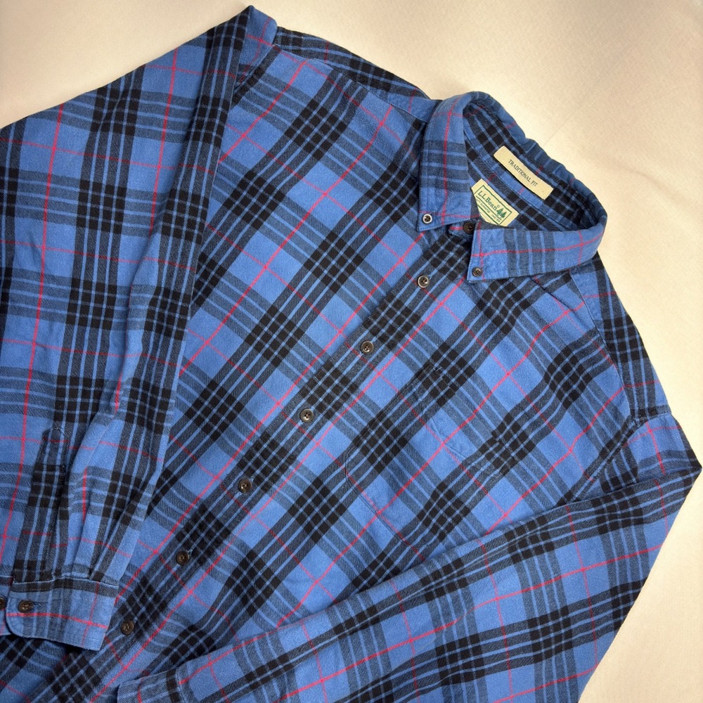 LL Bean Mens XL Flannel Shirt Blue Black Red Plaid Traditional Fit 228061